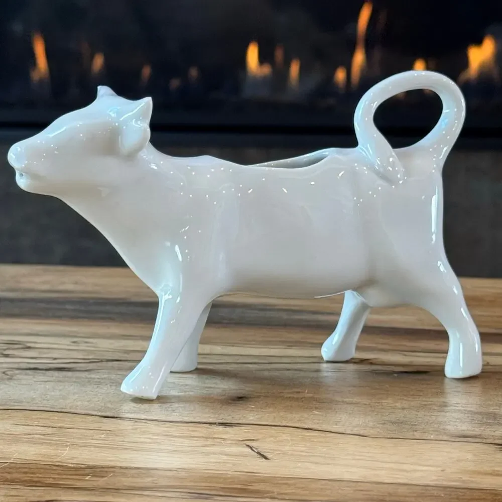 Vintage Apilco France White Porcelain Cow Creamer Farmhouse Kitchen Decor 7